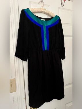 Vintage by SMITH Black Dress with Teal & Cobalt Trim 100% Silk Scoop Neck